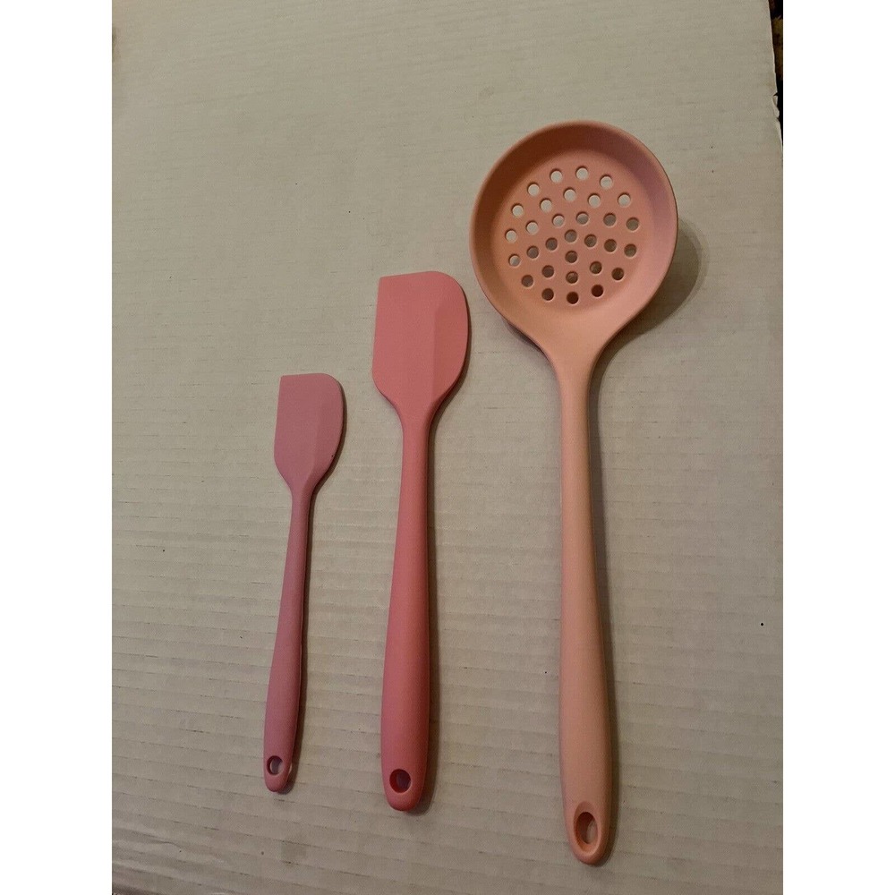 Set Of Three Pink Silicone Spatulas And Colander